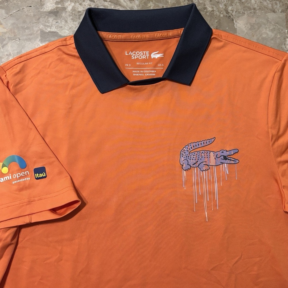 Lacoste Miami Open Polo Shirt Mens Small 3 Orange Square Neck Tennis Drip Croc